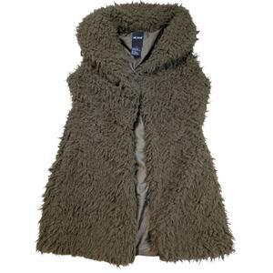 Me Jane Olive Green Open Faux Fur Sherpa Long Hair Vest Sz S Boho Fallfashion